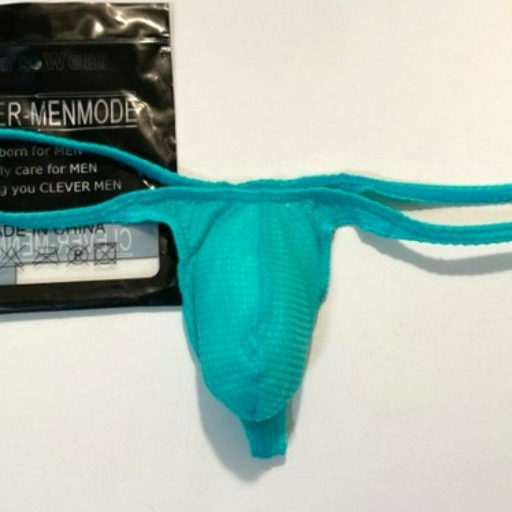 Men's Waffled See-Through "'T-Back Thong" - Aqua - Pouch